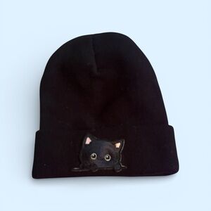Kawaii Siamese Cat Embroidered Beanie | Black Ribbed Knit Winter Hat